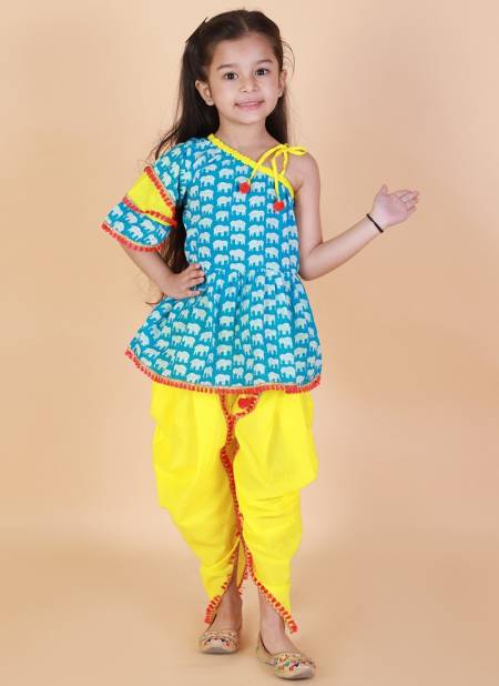 Sky Blue And Yellow Colour KID1 Mira Frilly Festive Wear Sleeves Peplum Top with Dhoti Girls Collection K22DG176SKBLYE